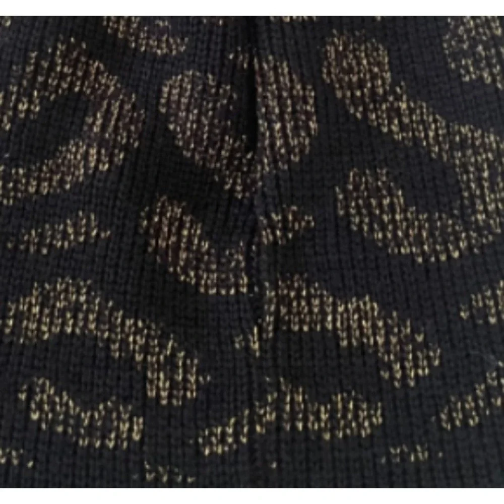 Vtg Beanie Hat 100% Wool Black Gold Knit Leopard Design Tassel Fleece Lined‎
